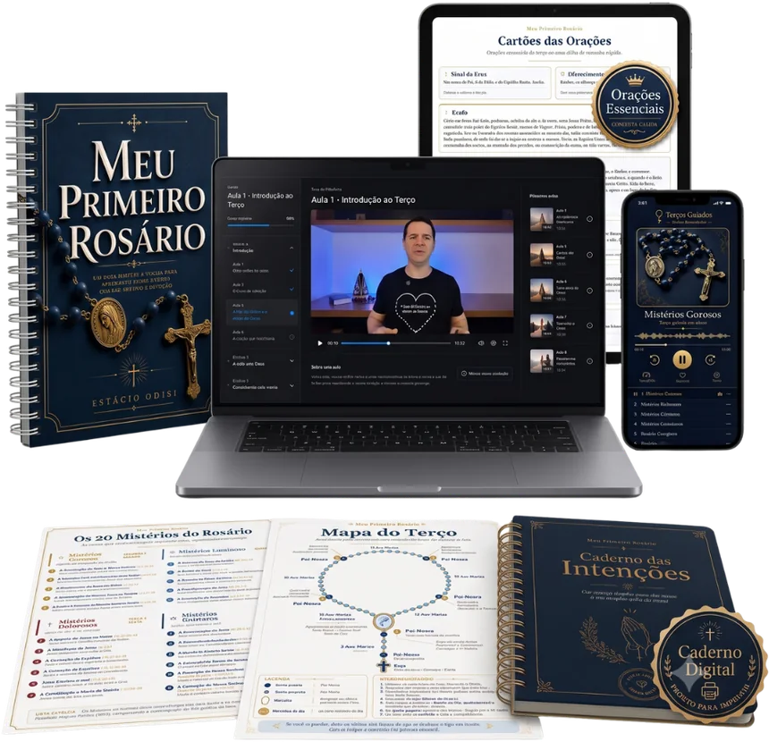 Materiais do Meu Primeiro Rosário: guia devocional, Mapa do Terço, Calendário dos Mistérios, Cartões das Orações e aulas em vídeo e áudio.
